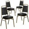 New 🎁 Flash Furniture HERCULES Trapezoidal Back Banquet Chairs W/Black Vinyl & Gold Frame, 4/Pack 💯