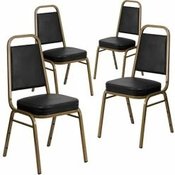 New 🎁 Flash Furniture HERCULES Trapezoidal Back Banquet Chairs W/Black Vinyl & Gold Frame, 4/Pack 💯